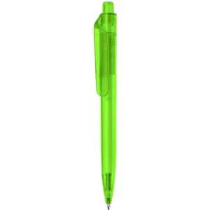 A bright green plastic pen with a retractable design and a clip, featuring a logo on its body.
