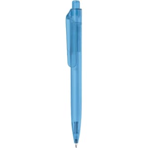 A blue plastic pen with a clip and transparent barrel, featuring a logo on the side.