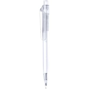 A plastic pen with a clear barrel and clip, featuring a transparent design.