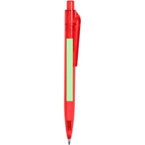 A red plastic pen with a green section for branding and a clip for easy attachment.