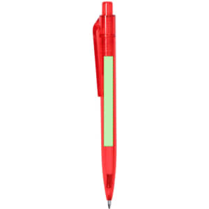 A plastic pen in vibrant red with a green section and a clip for easy attachment. Features a branding logo.