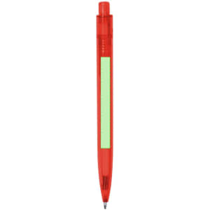 A red plastic pen featuring a green section and a clip. It has a logo on it.