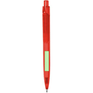 A red plastic pen features a green accent and a logo on the side.