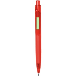 A red plastic pen with a textured grip and a clip, features a branding logo on the body.