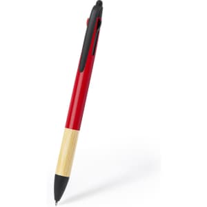 A red ballpoint pen with a bamboo centre and a black clip, featuring a stylus tip. It includes a branding logo.