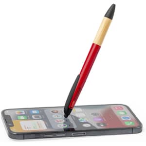 A red stylus touch ball pen with a bamboo accent, positioned above a smartphone screen.