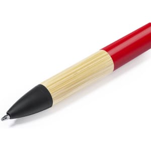 A red and bamboo stylus touch ball pen featuring a black tip and a logo on the barrel.
