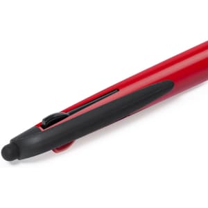 A red stylus touch ball pen featuring a black clip and tip. The pen has a sleek design and a visible logo.