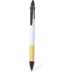A stylus touch ball pen featuring a white barrel and bamboo accent, with a black clip and red push button.