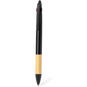 A black and bamboo stylus touch ball pen with a clip and a retractable tip. It features a logo on the barrel.