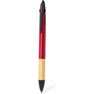 A red stylus touch ball pen with a bamboo lower section and a black clip. Features a logo on the barrel.