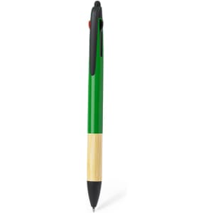 A green stylus touch ball pen with a bamboo handle and a black accent. It features a branding logo.