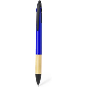 A blue stylus touch ball pen with a bamboo accent and a black top section. Features a logo on the body.