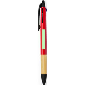 A red pen with a bamboo grip and a stylus tip, featuring a logo on the barrel.
