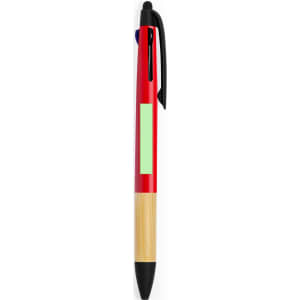 A red ball pen with a black stylus tip and a bamboo accent, featuring a logo and a blank label area.