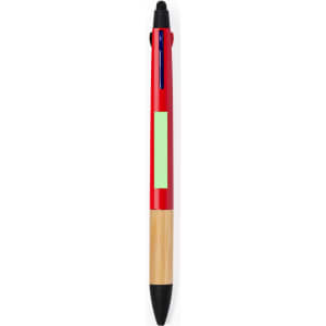 A red and bamboo stylus ball pen with a black tip and an area for branding or personalisation.