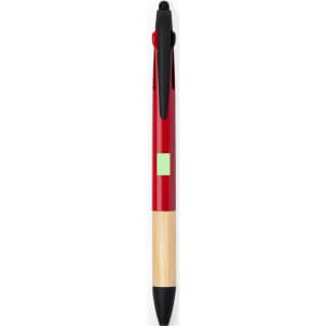 A red ball pen with a bamboo grip and a black stylus tip, featuring a branding logo.