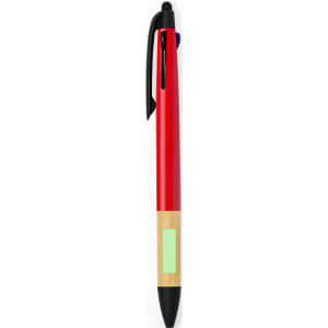 A red stylus touch ball pen with a bamboo accent and a black clip, featuring a placeholder for branding.
