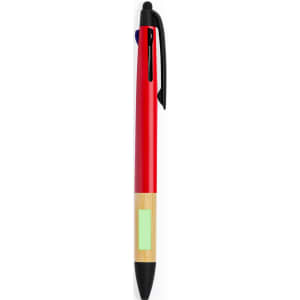 A red stylus touch ball pen with a bamboo accent and a black tip, featuring a clip for easy attachment.