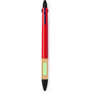 A red Milok Stylus Touch Ball Pen with a bamboo lower section and a black tip. It features a logo.