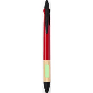 A red stylus touch ball pen with a bamboo grip and a black tip, featuring a logo on the barrel.