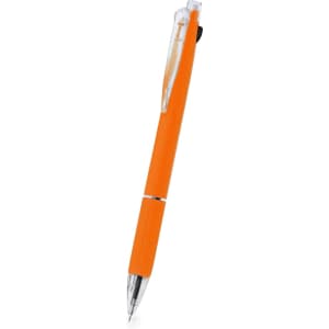An orange plastic pen with a clear top and silver clip, featuring a logo on the barrel.