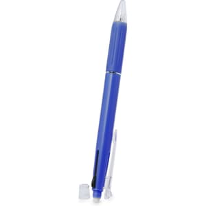 A blue plastic pen with a clear cap and a visible ink cartridge lying beside it, featuring a logo on the pen.
