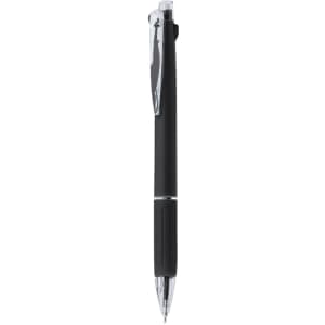 A black plastic pen with a chrome clip and grip, featuring a sleek design and a branding logo.