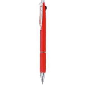 A red plastic pen with a clear grip and clip, featuring a logo on the barrel.