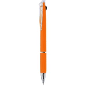 An orange plastic pen with a clear clip and a silver metal tip, featuring a simple design and branding.