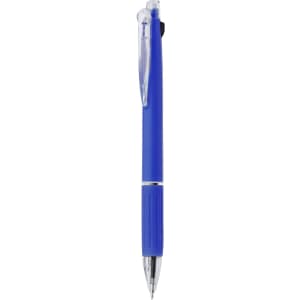 A blue plastic pen with a transparent barrel and a clip. It features a logo on the body.