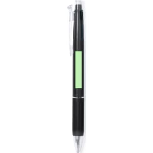A black plastic pen with a translucent clip and a green section on the barrel. It includes a logo branding.