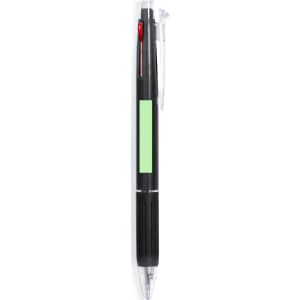 A plastic pen featuring a black body with a green accent and a clear clip. The pen has a logo on it.