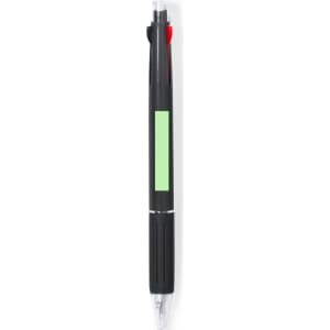 A black plastic pen with red and green accents, featuring a clear body and a logo on the side.