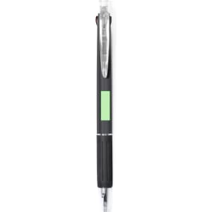 A plastic pen in black with a clear barrel and a green section. It features a branded logo.
