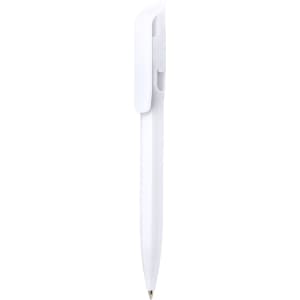 A white plastic pen with a sleek design and a clip, featuring a logo.