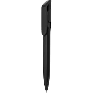 A black plastic pen with a sleek design and a clip. The pen features a branding logo.