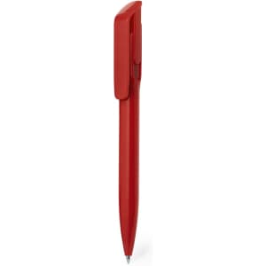 A red plastic pen with a clip, featuring a sleek design and a simple branding logo.