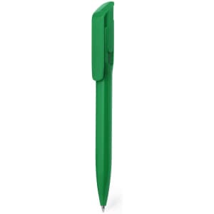 A green plastic pen with a clip and rounded body, featuring a simple design and a logo.