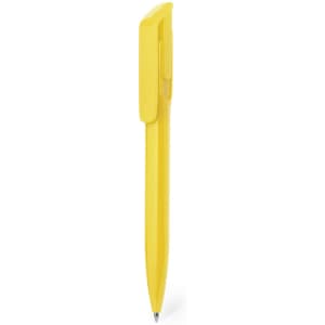 A yellow plastic pen with a clip, designed for writing. The pen features a simple, sleek design and has a logo.