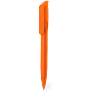 An orange plastic pen with a clip, featuring a simple design and a logo on the barrel.
