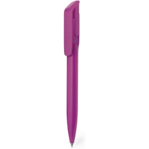 A pink plastic pen with a clip. The pen has a sleek design and features a logo.