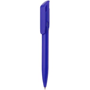 A blue plastic pen with a clip, featuring a sleek design and a logo.