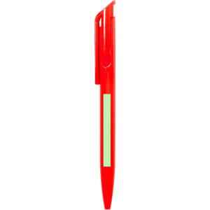 A red plastic pen with a clip and a blank section for customisation.