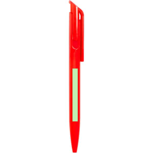 A red plastic pen with a clip and a green accent along its body, featuring a logo.