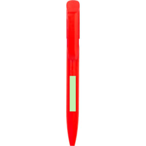 A red plastic pen with a clip and a blank area for branding.