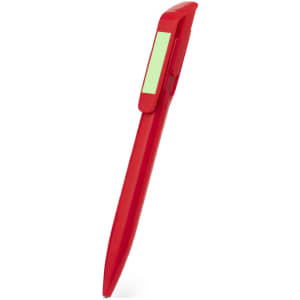A red plastic pen with a clip and a branding logo. The design is sleek and modern.