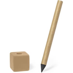A grey-lead pencil with a cylindrical, beige casing beside a small, cube-shaped eraser.