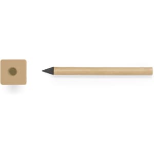 A beige square pencil sharpener next to a long, light brown grey-lead pencil. Both items feature simple designs.
