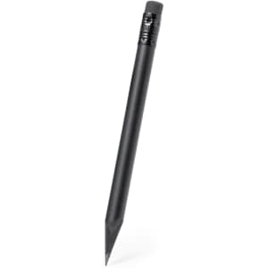 A black grey-lead pencil with a sharpened tip and an eraser at the end, featuring a branding logo.